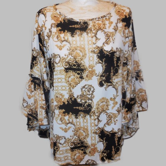 Blouse tunic relaxed top shirt Top 3/4 wide ruffled flared sleeve summer - Picture 2 of 10